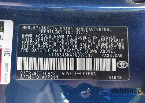 2007 Toyota Camry Hybrid from USA, damaged, VIN 4T1BB46K47U017613